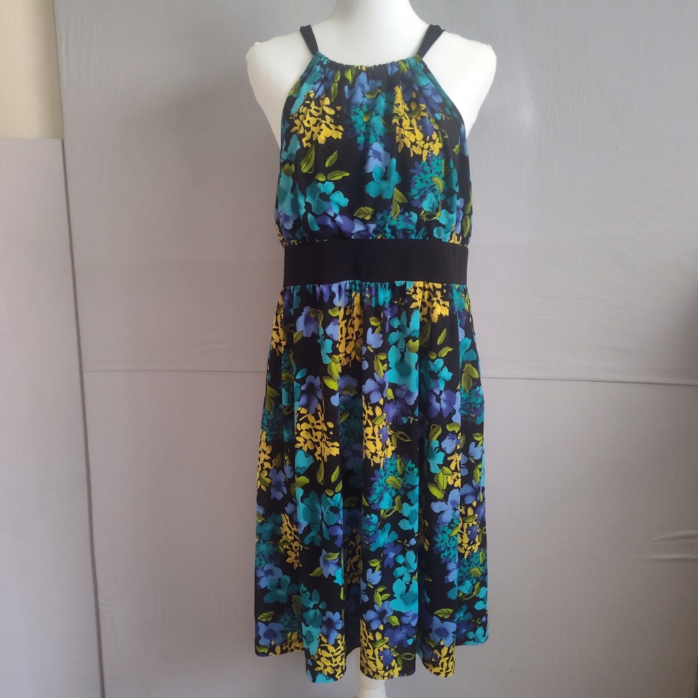Apt. 9 Womens Floral Halter Dress Black Blue Yellow‎ Empire Waist Stretch Large
